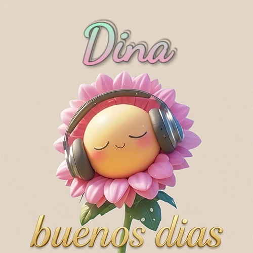 Girasol sonriente con auriculares grandes, pétalos rosados, nombre arriba en cursiva colorida, frase dorada abajo. Nombre personalizado: Dina. Girasol sonriente con auriculares grandes, pétalos rosados, nombre arriba en cursiva colorida, frase dorada abajo. Nombre personalizado: Dina.