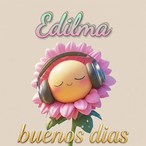 Girasol sonriente con auriculares grandes, pétalos rosados, nombre arriba en cursiva colorida, frase dorada abajo. Nombre personalizado: Edilma. Girasol sonriente con auriculares grandes, pétalos rosados, nombre arriba en cursiva colorida, frase dorada abajo. Nombre personalizado: Edilma.