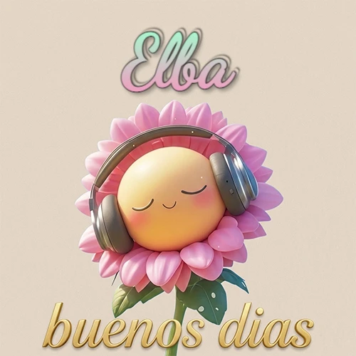 Girasol sonriente con auriculares grandes, pétalos rosados, nombre arriba en cursiva colorida, frase dorada abajo. Nombre personalizado: Elba. Girasol sonriente con auriculares grandes, pétalos rosados, nombre arriba en cursiva colorida, frase dorada abajo. Nombre personalizado: Elba.