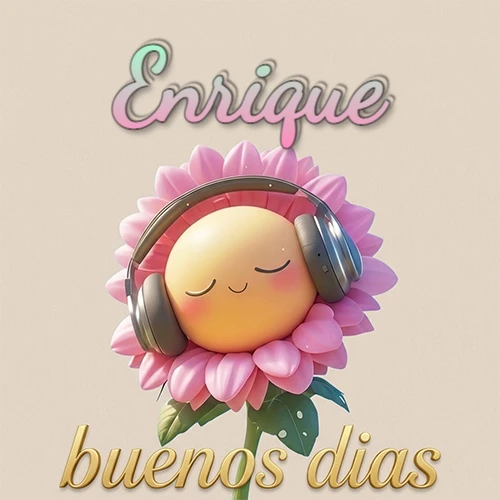 Girasol sonriente con auriculares grandes, pétalos rosados, nombre arriba en cursiva colorida, frase dorada abajo. Nombre personalizado: Enrique. Girasol sonriente con auriculares grandes, pétalos rosados, nombre arriba en cursiva colorida, frase dorada abajo. Nombre personalizado: Enrique.