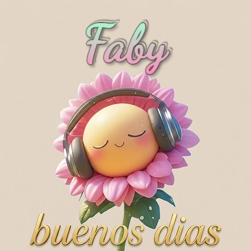 Girasol sonriente con auriculares grandes, pétalos rosados, nombre arriba en cursiva colorida, frase dorada abajo. Nombre personalizado: Faby.