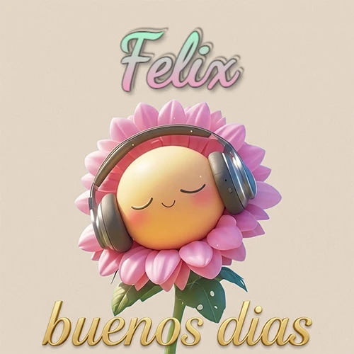 Girasol sonriente con auriculares grandes, pétalos rosados, nombre arriba en cursiva colorida, frase dorada abajo. Nombre personalizado: Felix.