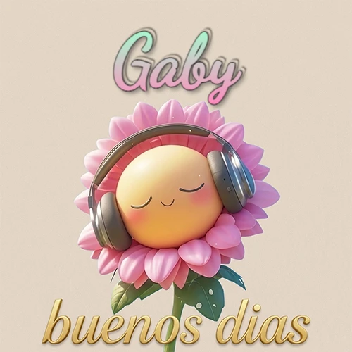 Girasol sonriente con auriculares grandes, pétalos rosados, nombre arriba en cursiva colorida, frase dorada abajo. Nombre personalizado: Gaby.