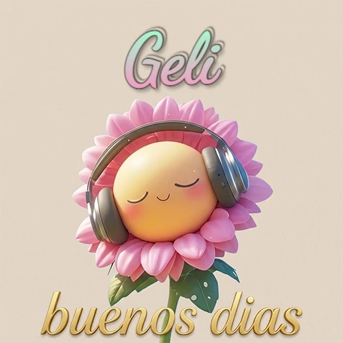 Girasol sonriente con auriculares grandes, pétalos rosados, nombre arriba en cursiva colorida, frase dorada abajo. Nombre personalizado: Geli.