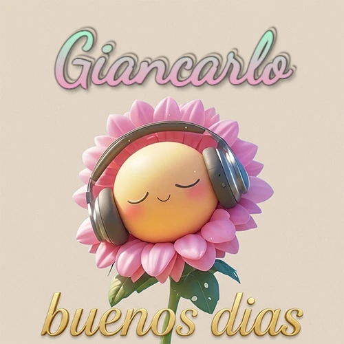 Girasol sonriente con auriculares grandes, pétalos rosados, nombre arriba en cursiva colorida, frase dorada abajo. Nombre personalizado: Giancarlo.