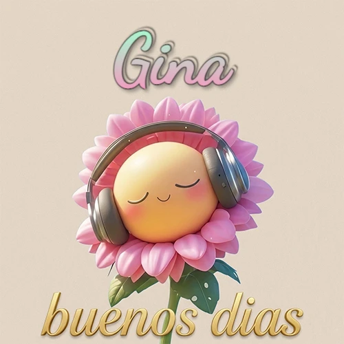 Girasol sonriente con auriculares grandes, pétalos rosados, nombre arriba en cursiva colorida, frase dorada abajo. Nombre personalizado: Gina.