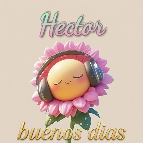 Girasol sonriente con auriculares grandes, pétalos rosados, nombre arriba en cursiva colorida, frase dorada abajo. Nombre personalizado: Hector.