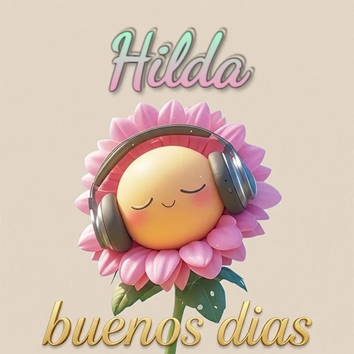 Girasol sonriente con auriculares grandes, pétalos rosados, nombre arriba en cursiva colorida, frase dorada abajo. Nombre personalizado: Hilda.