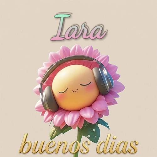 Girasol sonriente con auriculares grandes, pétalos rosados, nombre arriba en cursiva colorida, frase dorada abajo. Nombre personalizado: Iara.
