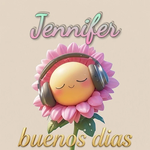 Girasol sonriente con auriculares grandes, pétalos rosados, nombre arriba en cursiva colorida, frase dorada abajo. Nombre personalizado: Jennifer.