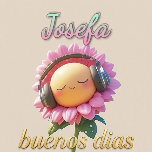 Girasol sonriente con auriculares grandes, pétalos rosados, nombre arriba en cursiva colorida, frase dorada abajo. Nombre personalizado: Josefa. Girasol sonriente con auriculares grandes, pétalos rosados, nombre arriba en cursiva colorida, frase dorada abajo. Nombre personalizado: Josefa.