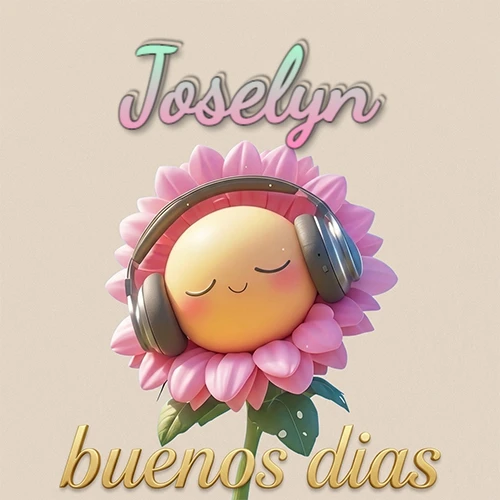 Girasol sonriente con auriculares grandes, pétalos rosados, nombre arriba en cursiva colorida, frase dorada abajo. Nombre personalizado: Joselyn.