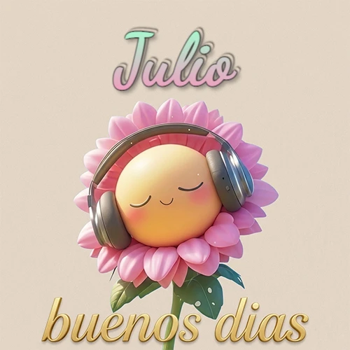 Girasol sonriente con auriculares grandes, pétalos rosados, nombre arriba en cursiva colorida, frase dorada abajo. Nombre personalizado: Julio.