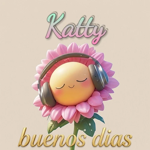 Girasol sonriente con auriculares grandes, pétalos rosados, nombre arriba en cursiva colorida, frase dorada abajo. Nombre personalizado: Katty.
