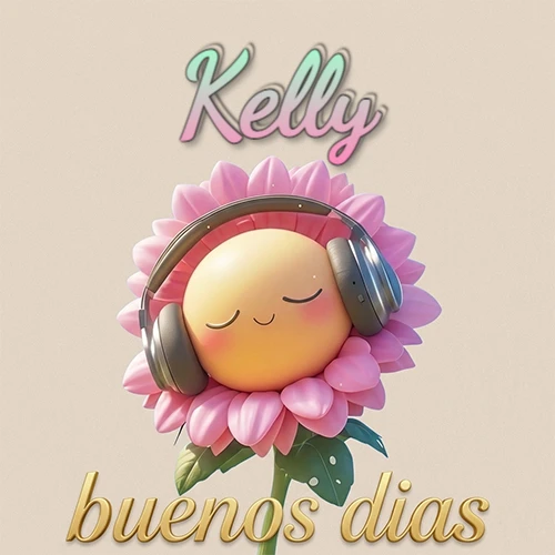 Girasol sonriente con auriculares grandes, pétalos rosados, nombre arriba en cursiva colorida, frase dorada abajo. Nombre personalizado: Kelly.
