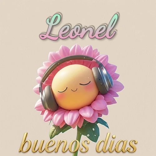Girasol sonriente con auriculares grandes, pétalos rosados, nombre arriba en cursiva colorida, frase dorada abajo. Nombre personalizado: Leonel.