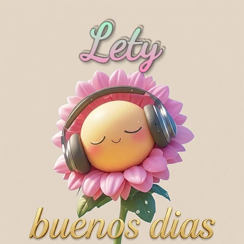 Girasol sonriente con auriculares grandes, pétalos rosados, nombre arriba en cursiva colorida, frase dorada abajo. Nombre personalizado: Lety.
