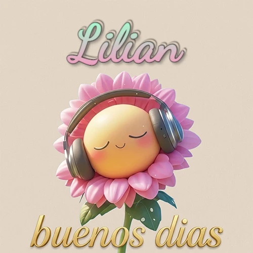 Girasol sonriente con auriculares grandes, pétalos rosados, nombre arriba en cursiva colorida, frase dorada abajo. Nombre personalizado: Lilian.