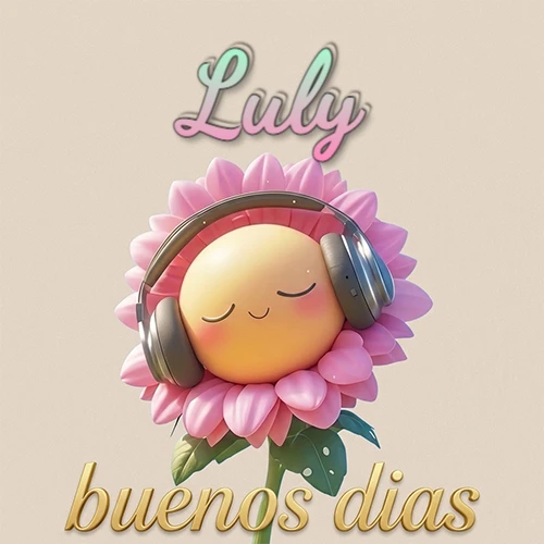 Girasol sonriente con auriculares grandes, pétalos rosados, nombre arriba en cursiva colorida, frase dorada abajo. Nombre personalizado: Luly.
