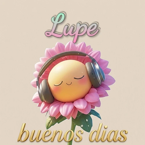 Girasol sonriente con auriculares grandes, pétalos rosados, nombre arriba en cursiva colorida, frase dorada abajo. Nombre personalizado: Lupe.