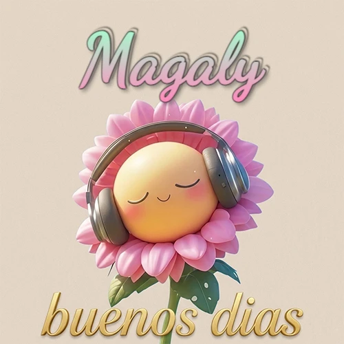 Girasol sonriente con auriculares grandes, pétalos rosados, nombre arriba en cursiva colorida, frase dorada abajo. Nombre personalizado: Magaly.