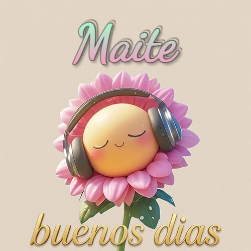 Girasol sonriente con auriculares grandes, pétalos rosados, nombre arriba en cursiva colorida, frase dorada abajo. Nombre personalizado: Maite.