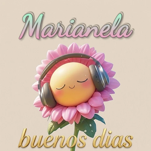 Girasol sonriente con auriculares grandes, pétalos rosados, nombre arriba en cursiva colorida, frase dorada abajo. Nombre personalizado: Marianela.