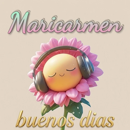 Girasol sonriente con auriculares grandes, pétalos rosados, nombre arriba en cursiva colorida, frase dorada abajo. Nombre personalizado: Maricarmen.