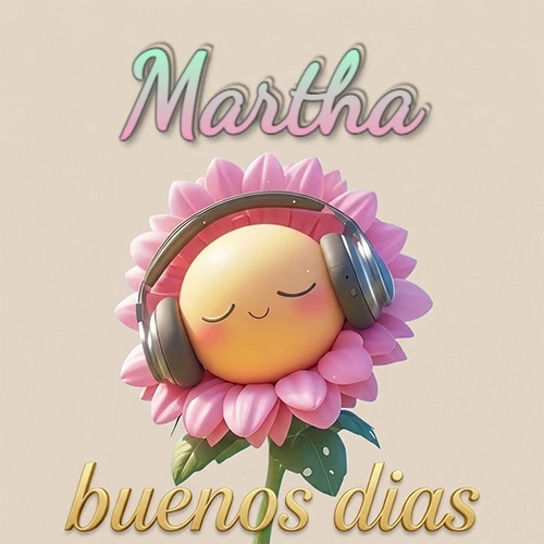 Girasol sonriente con auriculares grandes, pétalos rosados, nombre arriba en cursiva colorida, frase dorada abajo. Nombre personalizado: Martha.