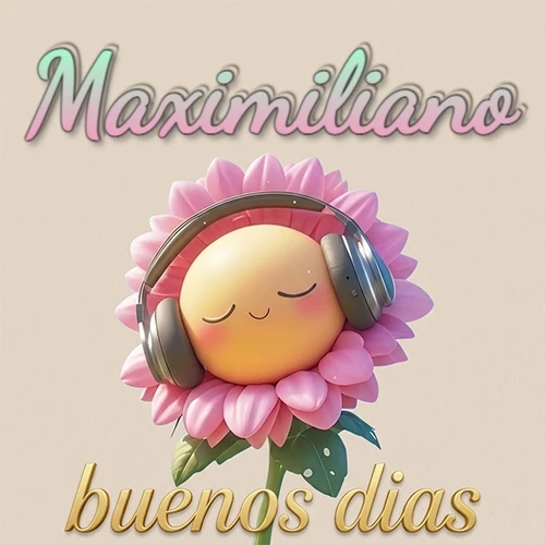 Girasol sonriente con auriculares grandes, pétalos rosados, nombre arriba en cursiva colorida, frase dorada abajo. Nombre personalizado: Maximiliano.