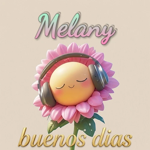 Girasol sonriente con auriculares grandes, pétalos rosados, nombre arriba en cursiva colorida, frase dorada abajo. Nombre personalizado: Melany. Girasol sonriente con auriculares grandes, pétalos rosados, nombre arriba en cursiva colorida, frase dorada abajo. Nombre personalizado: Melany.