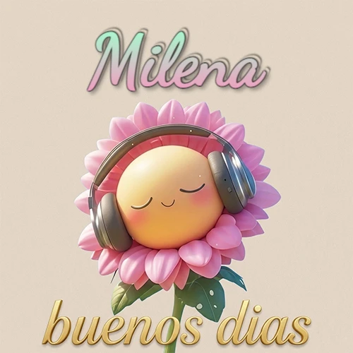Girasol sonriente con auriculares grandes, pétalos rosados, nombre arriba en cursiva colorida, frase dorada abajo. Nombre personalizado: Milena.