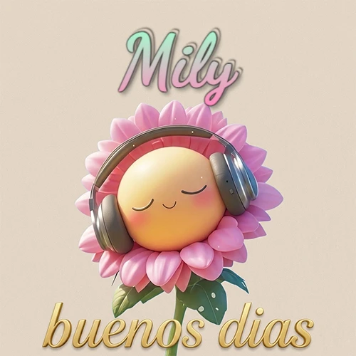Girasol sonriente con auriculares grandes, pétalos rosados, nombre arriba en cursiva colorida, frase dorada abajo. Nombre personalizado: Mily.