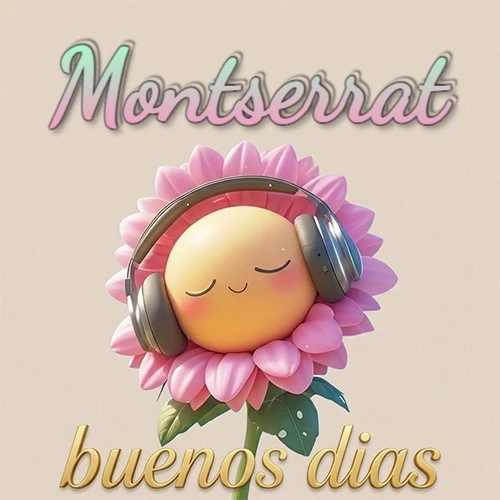 Girasol sonriente con auriculares grandes, pétalos rosados, nombre arriba en cursiva colorida, frase dorada abajo. Nombre personalizado: Montserrat.