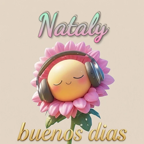 Girasol sonriente con auriculares grandes, pétalos rosados, nombre arriba en cursiva colorida, frase dorada abajo. Nombre personalizado: Nataly.