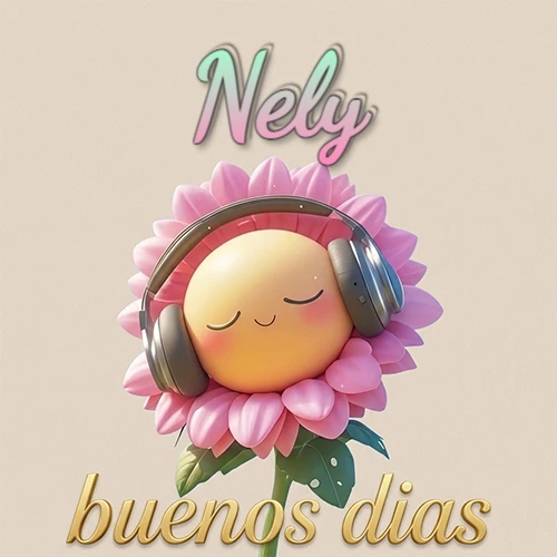 Girasol sonriente con auriculares grandes, pétalos rosados, nombre arriba en cursiva colorida, frase dorada abajo. Nombre personalizado: Nely.