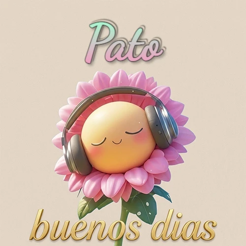 Girasol sonriente con auriculares grandes, pétalos rosados, nombre arriba en cursiva colorida, frase dorada abajo. Nombre personalizado: Pato.