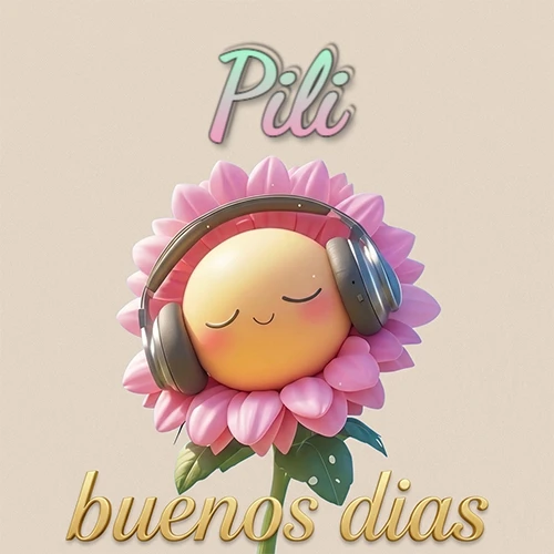 Girasol sonriente con auriculares grandes, pétalos rosados, nombre arriba en cursiva colorida, frase dorada abajo. Nombre personalizado: Pili.