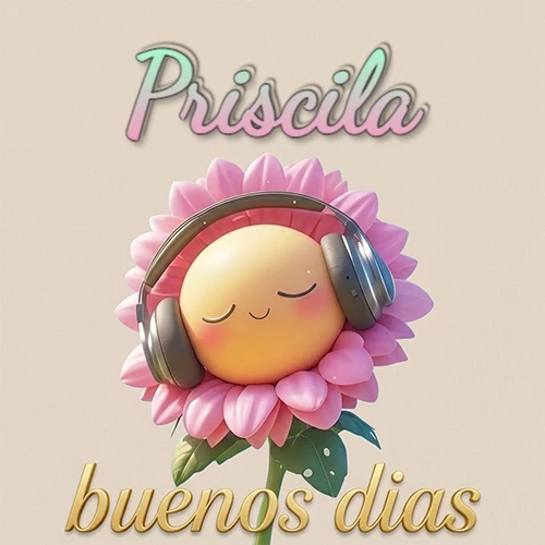 Girasol sonriente con auriculares grandes, pétalos rosados, nombre arriba en cursiva colorida, frase dorada abajo. Nombre personalizado: Priscila.