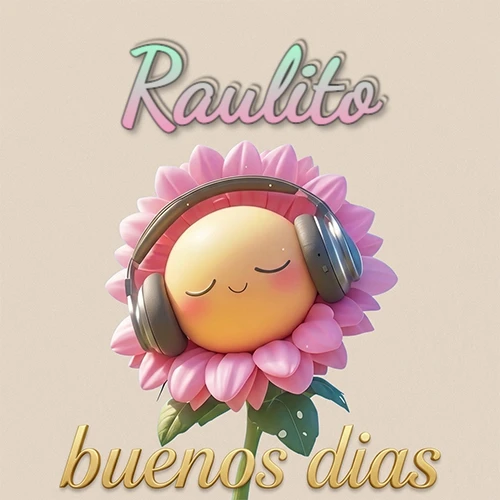 Girasol sonriente con auriculares grandes, pétalos rosados, nombre arriba en cursiva colorida, frase dorada abajo. Nombre personalizado: Raulito. Girasol sonriente con auriculares grandes, pétalos rosados, nombre arriba en cursiva colorida, frase dorada abajo. Nombre personalizado: Raulito.
