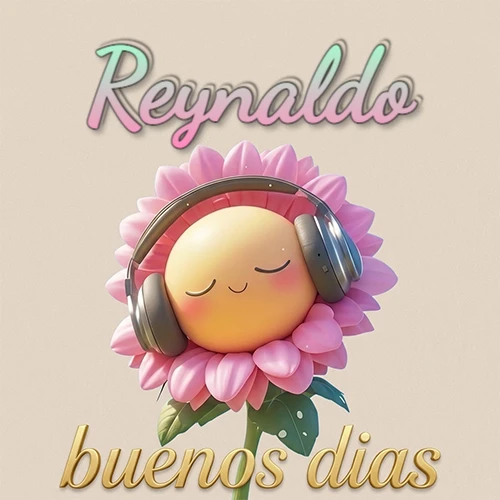 Girasol sonriente con auriculares grandes, pétalos rosados, nombre arriba en cursiva colorida, frase dorada abajo. Nombre personalizado: Reynaldo.