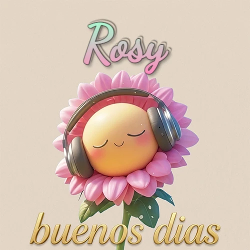 Girasol sonriente con auriculares grandes, pétalos rosados, nombre arriba en cursiva colorida, frase dorada abajo. Nombre personalizado: Rosy.