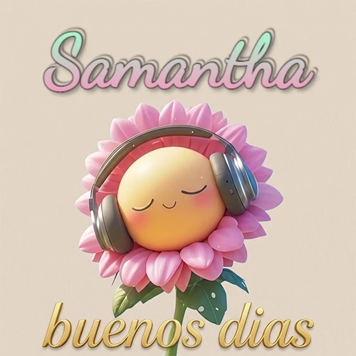 Girasol sonriente con auriculares grandes, pétalos rosados, nombre arriba en cursiva colorida, frase dorada abajo. Nombre personalizado: Samantha.