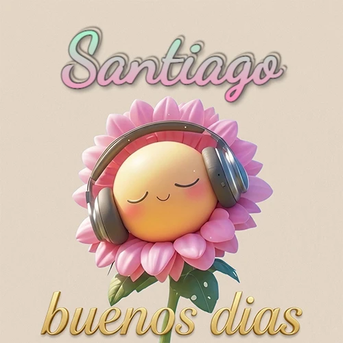 Girasol sonriente con auriculares grandes, pétalos rosados, nombre arriba en cursiva colorida, frase dorada abajo. Nombre personalizado: Santiago.