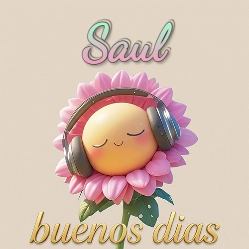 Girasol sonriente con auriculares grandes, pétalos rosados, nombre arriba en cursiva colorida, frase dorada abajo. Nombre personalizado: Saul. Girasol sonriente con auriculares grandes, pétalos rosados, nombre arriba en cursiva colorida, frase dorada abajo. Nombre personalizado: Saul.