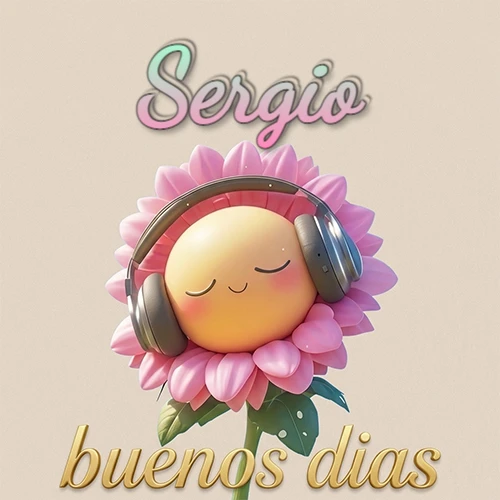 Girasol sonriente con auriculares grandes, pétalos rosados, nombre arriba en cursiva colorida, frase dorada abajo. Nombre personalizado: Sergio.