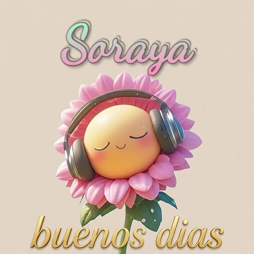 Girasol sonriente con auriculares grandes, pétalos rosados, nombre arriba en cursiva colorida, frase dorada abajo. Nombre personalizado: Soraya. Girasol sonriente con auriculares grandes, pétalos rosados, nombre arriba en cursiva colorida, frase dorada abajo. Nombre personalizado: Soraya.
