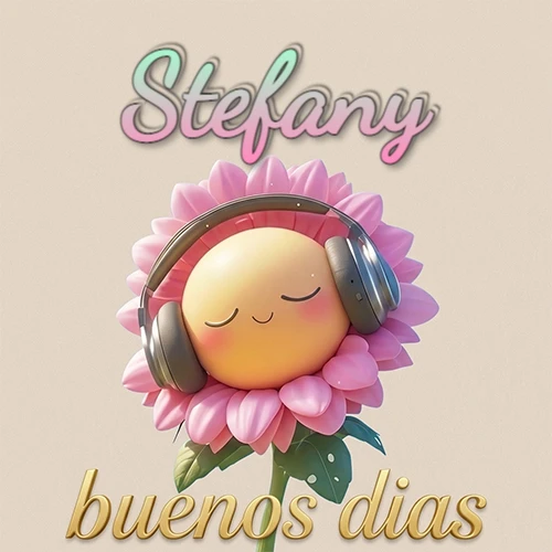 Girasol sonriente con auriculares grandes, pétalos rosados, nombre arriba en cursiva colorida, frase dorada abajo. Nombre personalizado: Stefany.