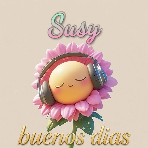 Girasol sonriente con auriculares grandes, pétalos rosados, nombre arriba en cursiva colorida, frase dorada abajo. Nombre personalizado: Susy.