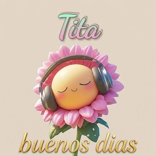 Girasol sonriente con auriculares grandes, pétalos rosados, nombre arriba en cursiva colorida, frase dorada abajo. Nombre personalizado: Tita.